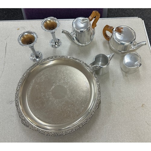 153 - Selection of EPNS items to include coffee set, candle sticks and a tray