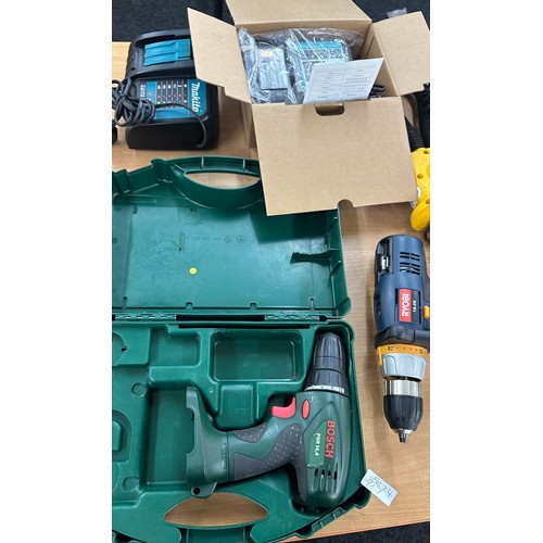 211 - Ryobi CD1-1801 with battery and charger working, Bosch PSA 14.4 V drill body only working, 2 Bosch 7... 