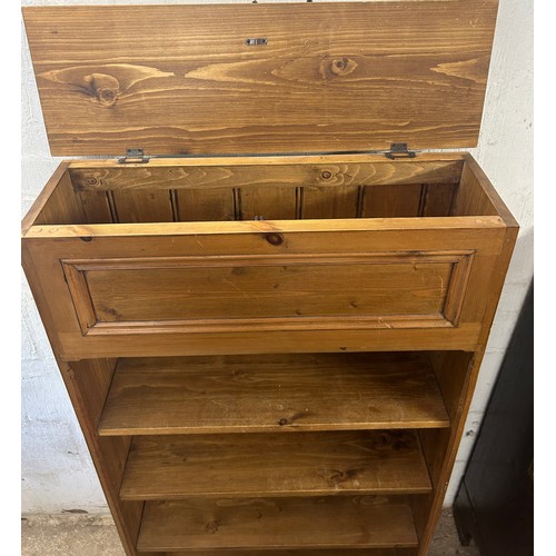 556 - Vintage  pine open front bookcase, lidded compartment to top, approximate measurements: Height 52 in... 