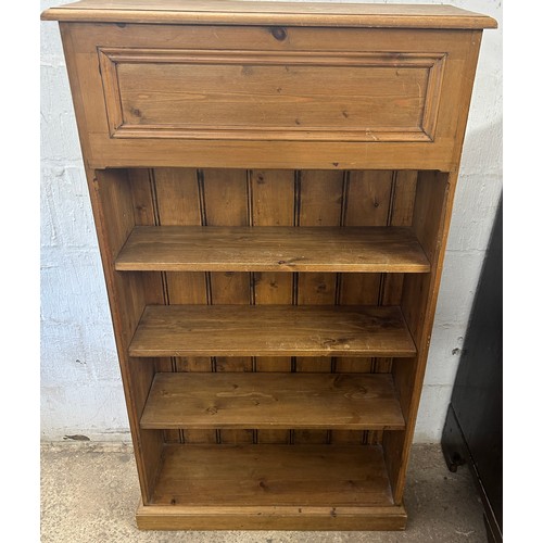 556 - Vintage  pine open front bookcase, lidded compartment to top, approximate measurements: Height 52 in... 