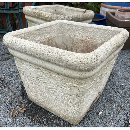 100J - Pair Shiraz square concrete planters grape vine detailing , approximate measurements: Height 15 inch... 