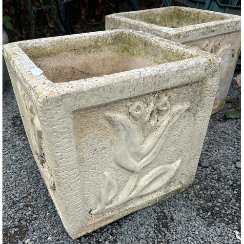 100H - Pair square concrete planters flower detailing , approximate measurements: Height 15 inches, 14 inch... 