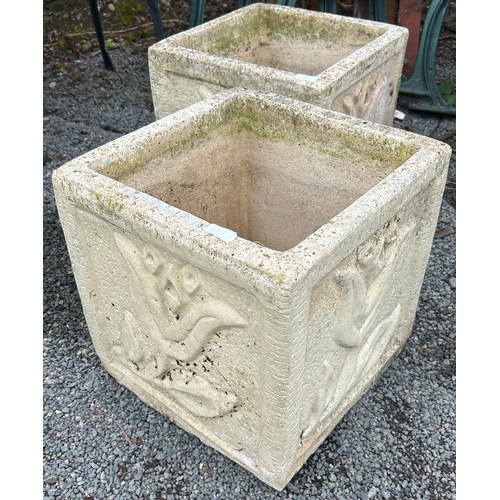 100H - Pair square concrete planters flower detailing , approximate measurements: Height 15 inches, 14 inch... 