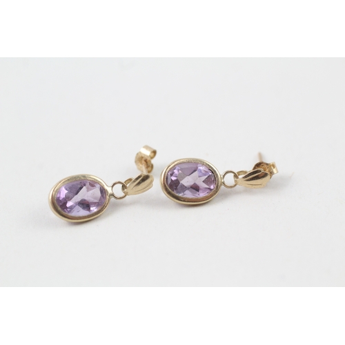 181 - 9ct gold amethyst single stone drop earrings (0.8g)