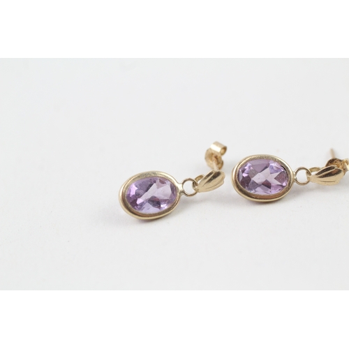 181 - 9ct gold amethyst single stone drop earrings (0.8g)