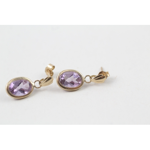 181 - 9ct gold amethyst single stone drop earrings (0.8g)