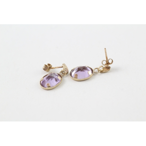 181 - 9ct gold amethyst single stone drop earrings (0.8g)