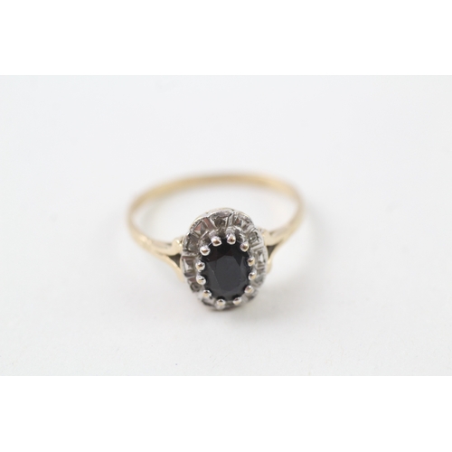 184 - 9ct gold diamond & sapphire oval halo ring (2.2g)