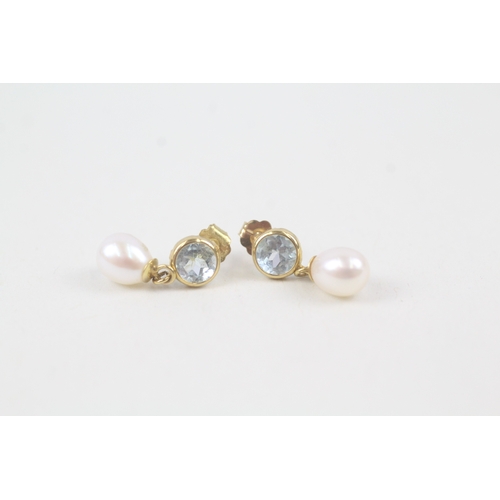 195 - 9ct gold blue topaz & cultured pearl drop earrings (1.1g)