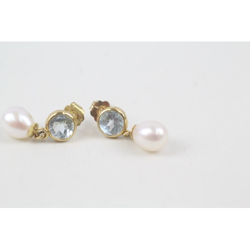 195 - 9ct gold blue topaz & cultured pearl drop earrings (1.1g)