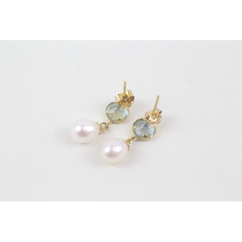 195 - 9ct gold blue topaz & cultured pearl drop earrings (1.1g)