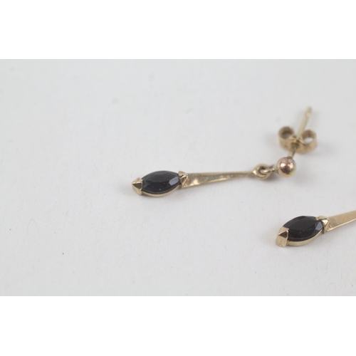 203 - 9ct gold marquise cut sapphire drop earrings (0.8g)