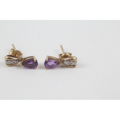 209 - 9ct gold amethyst & diamond drop earrings (1.5g)