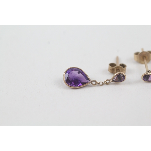 214 - 9ct gold amethyst drop earrings (0.9g)