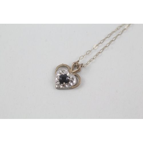 236 - 9ct gold sapphire & cubic zirconia heart shape pendant necklace (1.3g)