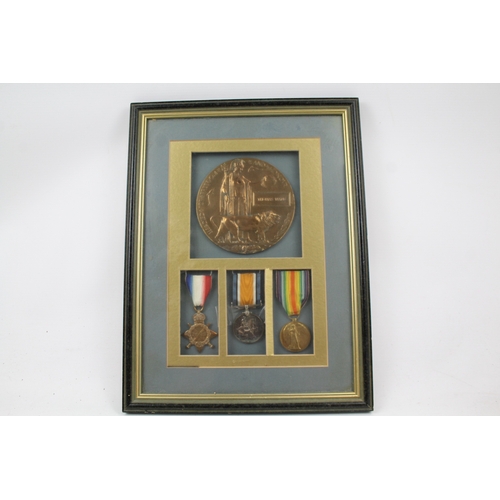 393 - Framed WW1 1914-15 Star Medal Trio & Death Plaque 13115 Pte T Wane Shrop LI