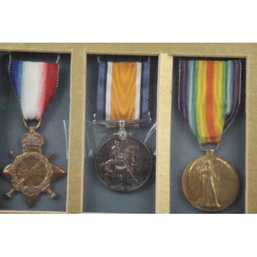 393 - Framed WW1 1914-15 Star Medal Trio & Death Plaque 13115 Pte T Wane Shrop LI