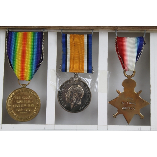 393 - Framed WW1 1914-15 Star Medal Trio & Death Plaque 13115 Pte T Wane Shrop LI