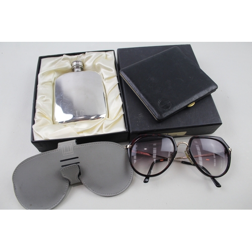 436 - Alfred Dunhill Accessories Inc Pewter Hip Flask, Sunglasses, Cigarette Case x 3