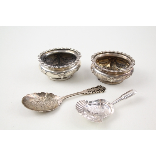 57 - 4 x .925 sterling silver condiment dishes & caddy spoons