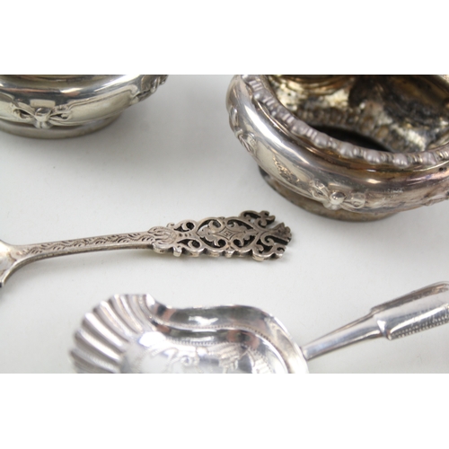 57 - 4 x .925 sterling silver condiment dishes & caddy spoons