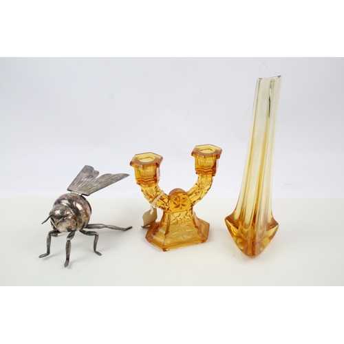 444 - Vintage Silver Plate Bee Honey Pot & Honey Coloured Glass Candlestick/Vase x3