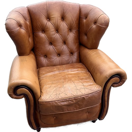 595 - Tan leather button back fire side chair