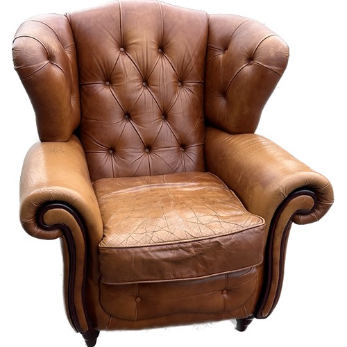 595 - Tan leather button back fire side chair