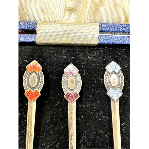 73 - Boxed set of 6 silver & enamel tea spoons