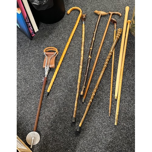 163 - Selection of vintage walking sticks and one shooting stick