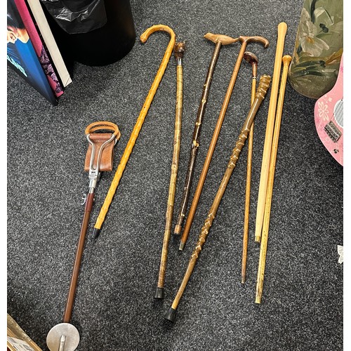 163 - Selection of vintage walking sticks and one shooting stick