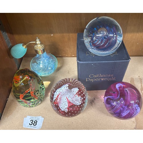 38 - Selection of 5 glass Caithness paperweights, one boxed