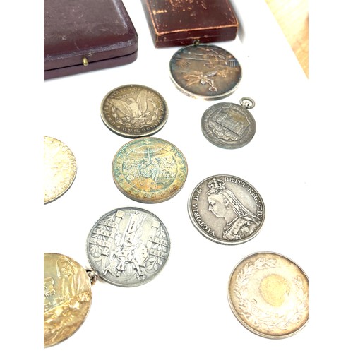 78 - selection of hallmarked silver medals & coins includes 1887 crown & 1879 dollar weight 240g