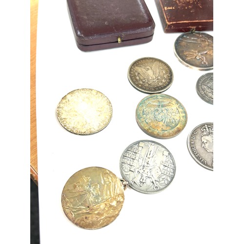 78 - selection of hallmarked silver medals & coins includes 1887 crown & 1879 dollar weight 240g