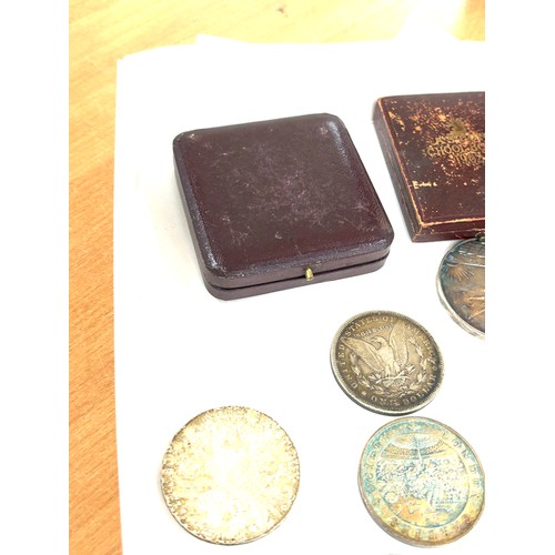 78 - selection of hallmarked silver medals & coins includes 1887 crown & 1879 dollar weight 240g