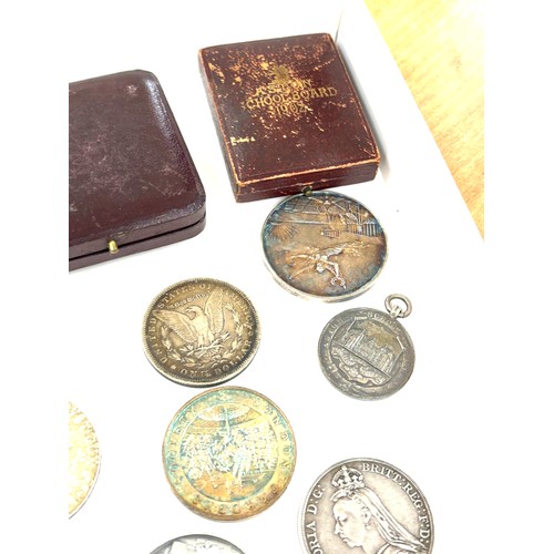 78 - selection of hallmarked silver medals & coins includes 1887 crown & 1879 dollar weight 240g