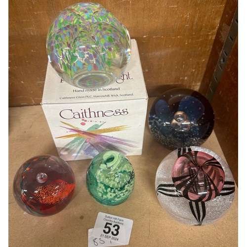 53 - Selection of 5 glass Caithness paperweights, one boxed