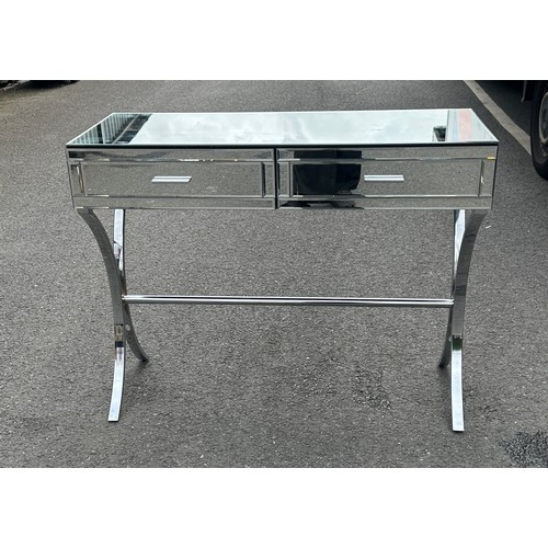 610 - Modern mirrored two drawer side table measures approximate 40 inches wide by 16 deep and 32 tall