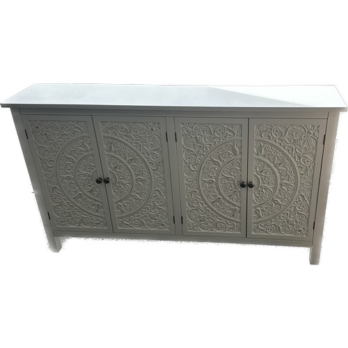 611 - Modern white wooden carved 4 drawer slim sideboard measures approximate 54 inches wide by 11 deep an... 