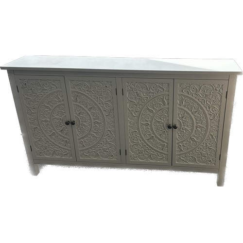 611 - Modern white wooden carved 4 drawer slim sideboard measures approximate 54 inches wide by 11 deep an... 