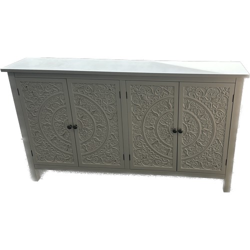 611 - Modern white wooden carved 4 drawer slim sideboard measures approximate 54 inches wide by 11 deep an... 