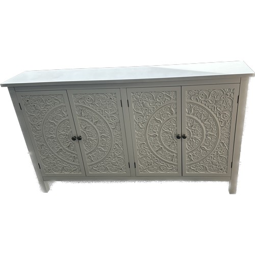 611 - Modern white wooden carved 4 drawer slim sideboard measures approximate 54 inches wide by 11 deep an... 