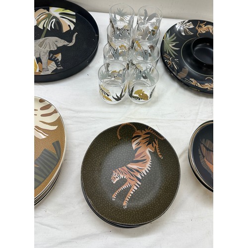 151 - Outdoor M&S matching animal print serving set to include cups, plates, serving plates, jug etc