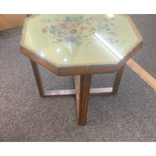 535 - Oak table, tapestry top under glass, approximate measurements: Height 20 inches, 24 by 24 inches