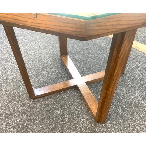 535 - Oak table, tapestry top under glass, approximate measurements: Height 20 inches, 24 by 24 inches