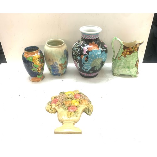 124 - Vintage jug, selection of vases to include an oriental piece,  flower wall plaque