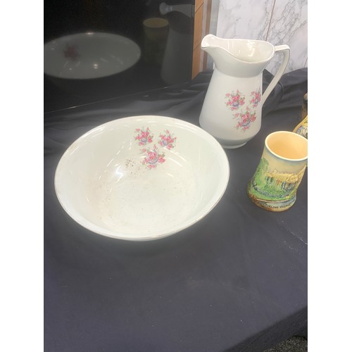 185 - Selection of pottery to include Jug and bowl, biscuit barrell, Stirling castle musical stein etc