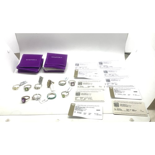 447 - Selection of 10 Silver Gemporia stone set rings, all with pouches and 6 with COA, sizes T -U