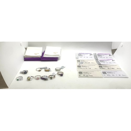 439 - Selection of 10 Silver Gemporia stone set rings, all with pouches and 8 COA, sizes T -U, R-S