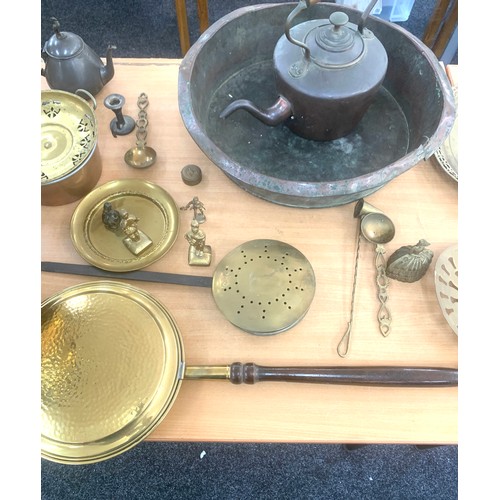 137 - Large selection of metalware to include warming pan, log basket, kettle, tray, lady bell etc